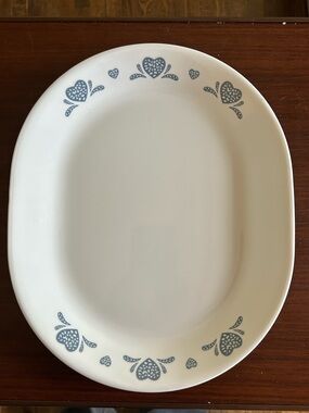 Vintage Corelle blue hearts, serving platter, called a meat or a chop platter.
